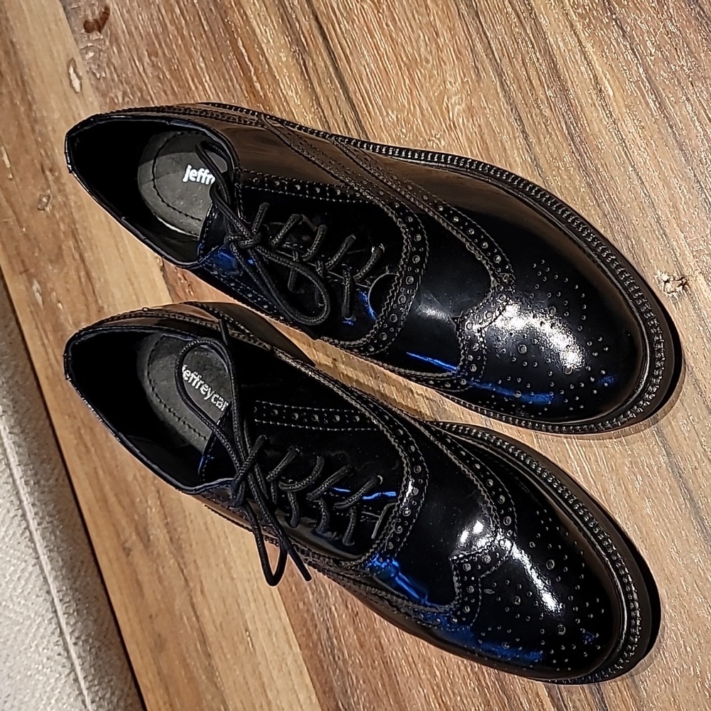 Jeffrey Campbell black patent leather lace up wingtip oxford penny loafers 7.5
